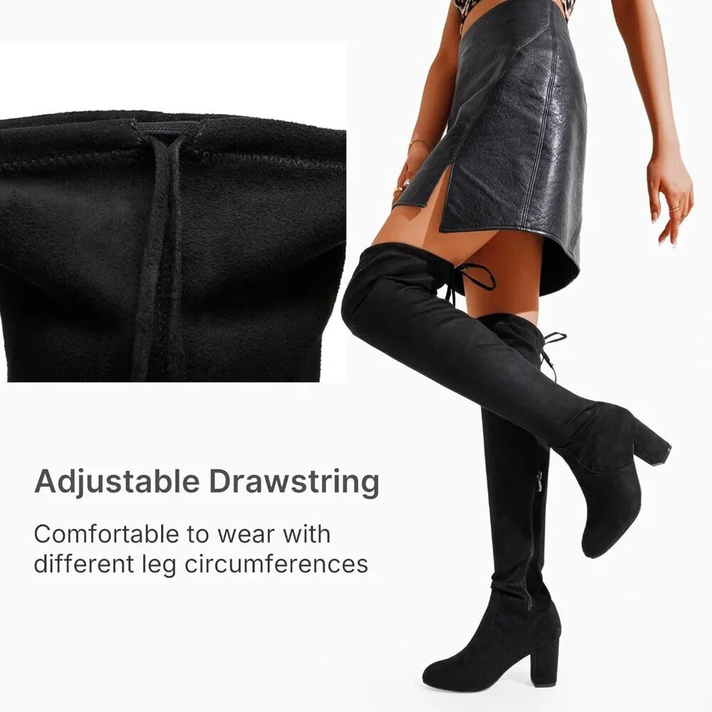 Women's Black Suede Chunky Heels Zipper Over The Knee High Adjustable Boots